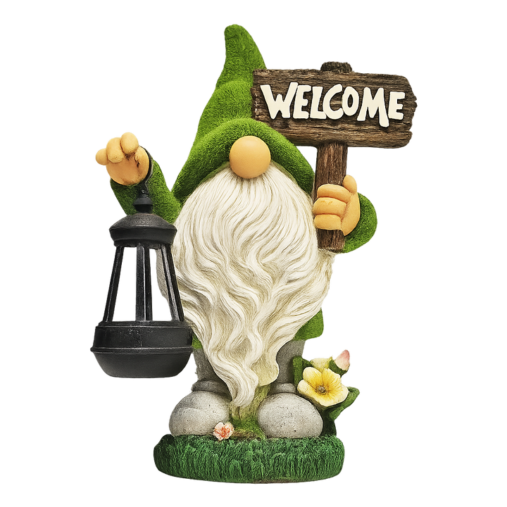 Gnomo de jardin con farol solar y cartel Welcome